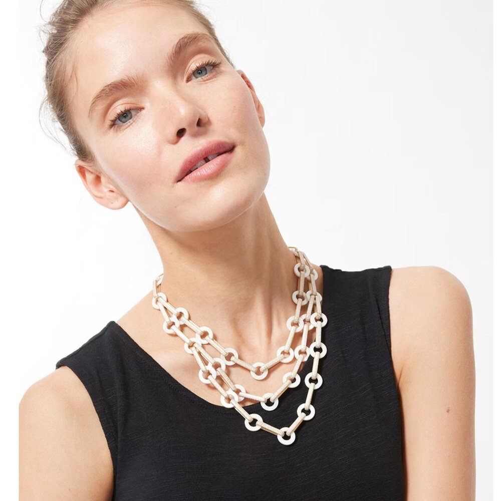 Chico's Mother of Pearl Multi-strand Gold Textured Link Statement Necklace - Picture 2 of 12